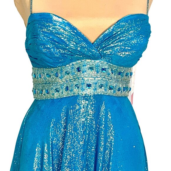 Dazzling Metallic Blue Silk Gown Flowy Prom 0 Hoco Glam Pageant Jeweled Hi-Low - Picture 3 of 11